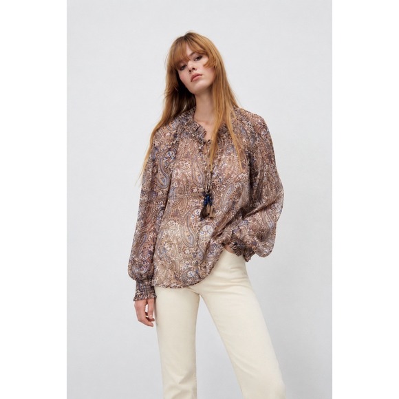 Zara Tops - ZARA Boho Paisley Peasant Bohemian Blouse Tie Neck Balloon Sleeve Festival Top S